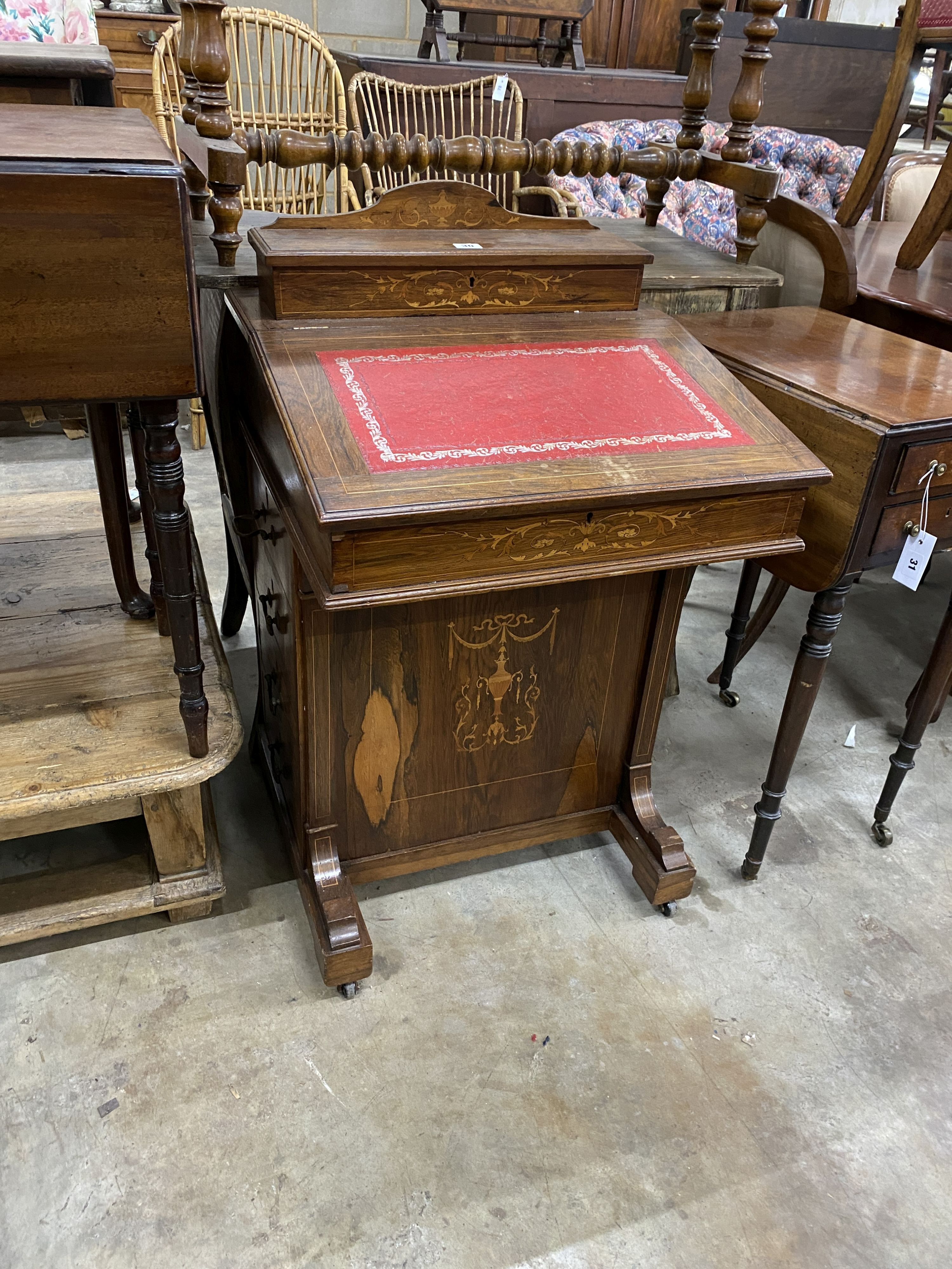 A late Victorian marquetry inlaid rosewood Davenport, width 53cm, depth 54cm, height 86cm